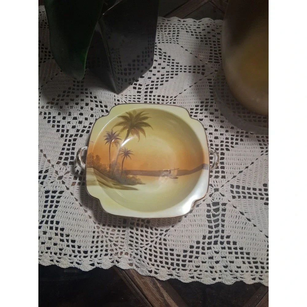 Noritake Vintage Hand Painted Porcelain Bowl Tropical Sunset Palm Tree Gold Trim